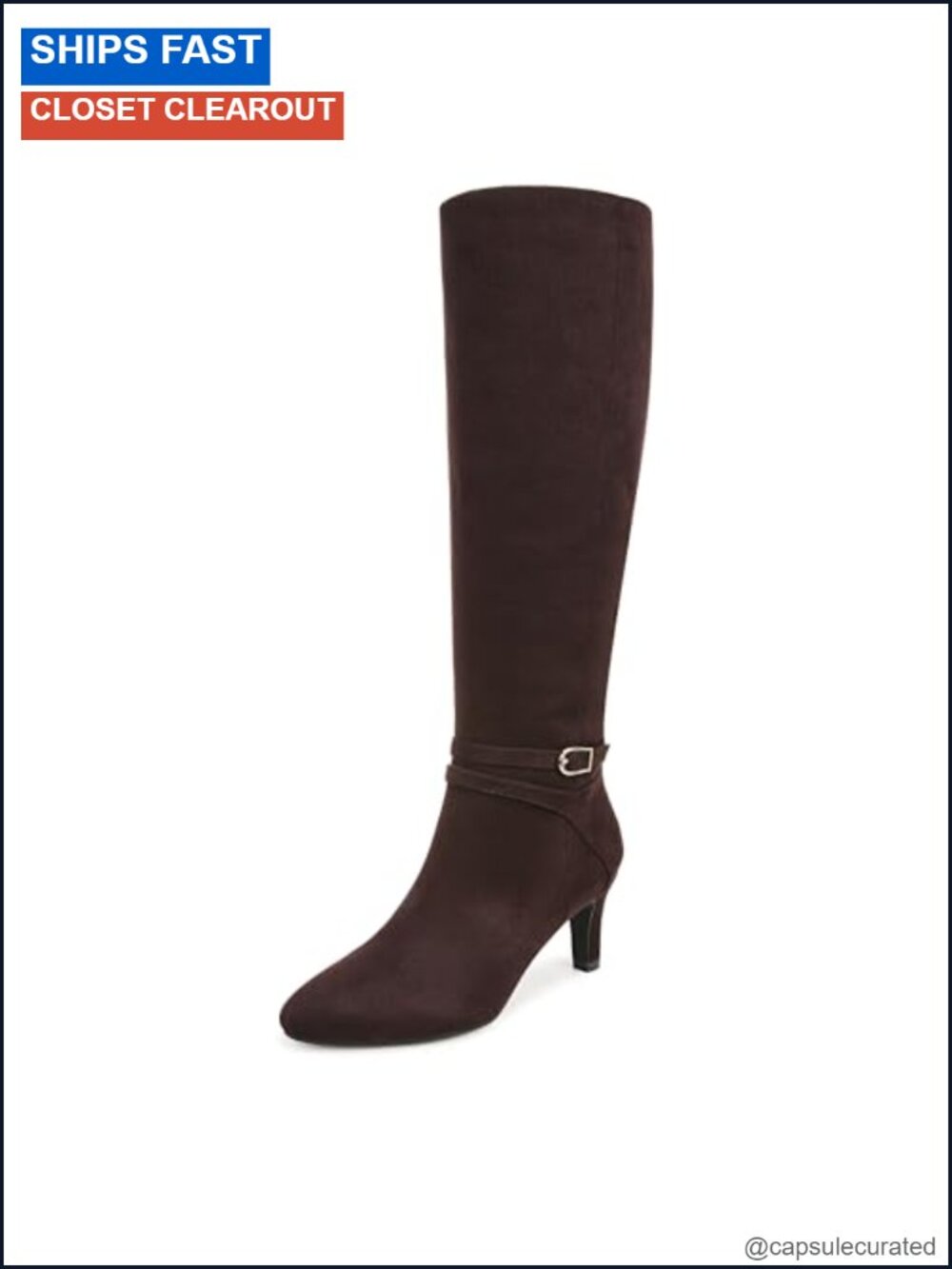Faux Leather Knee High Boots Almond Toe Side Zip Wide Calf